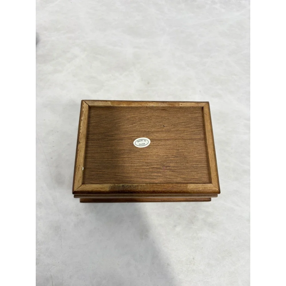 Vintage Wooden Jewelry Box Heart Etched Glass Floral Inlay Green Velvet Lining
